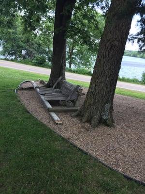 Broken swing in patio area