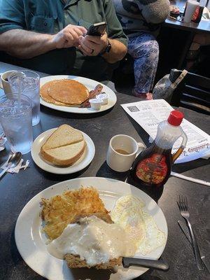 Country fried steak and eggs and pancakes with GREAT bacon