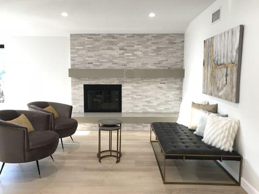 Family Room Fireplace / Glendale, CA Services Provided: Mantel and Hearth Design, Furniture, Art and Stone Selection.