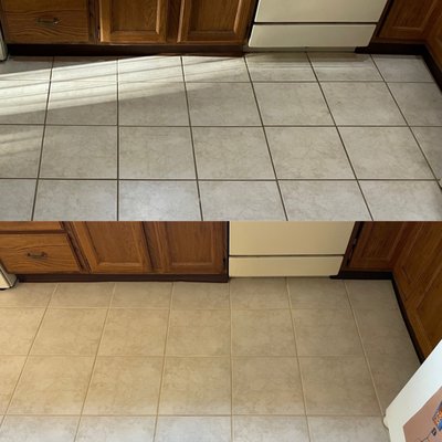 Kitchen ceramic tile and grout cleaning and grout sealing.