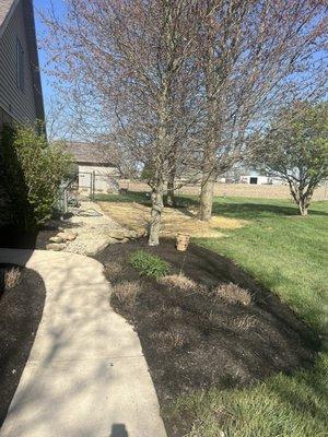 Side yard and power washed sidewalk. They also planted some grass seed and laid a protective layer of netting and straw. Perfection!