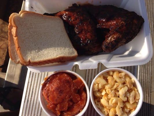 Jerk chicken, Mac and cheese and candied yams