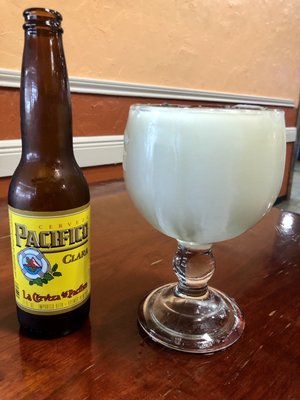 Pacifico and a large (and strong) Frozen Margarita (no salt)