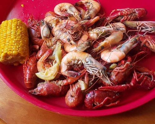 Boiled Shrimp, Garlic Butter Crawfish and corn