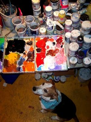 Lauri's paint table with Sally the model