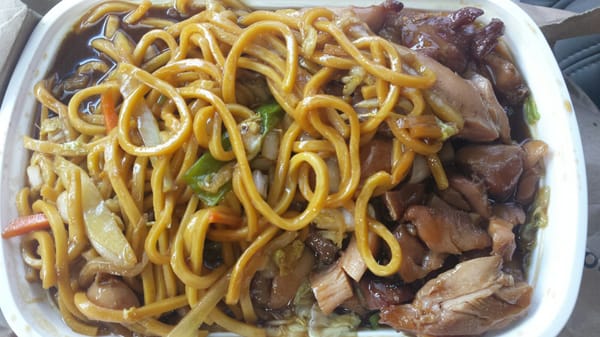 Bourbon chicken with lo men noodles