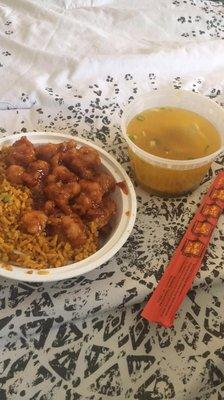 General tso chicken, pork fried rice, and wonton soup!