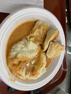 Pierogi plate with mashed potatoes.