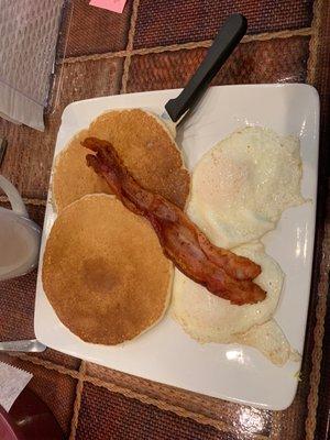 Pancakes Special. Can choose from scrambled, over-easy or fried eggs.