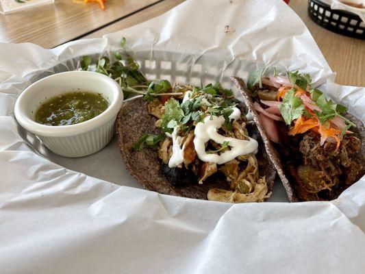 Breakfast tacos: Poncho and Rio on blue corn with green salsa & microgreens