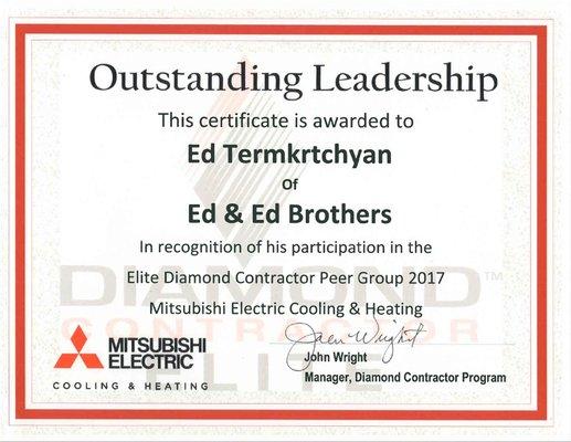 Ed and Ed Brothers - Mitsubishi Elite Diamond Contractor - Peer Group - Certificate - 2017