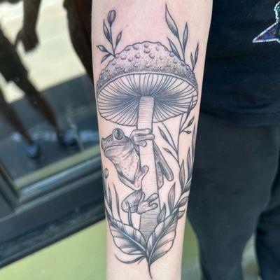 Frog and mushroom tattoo by Brent,