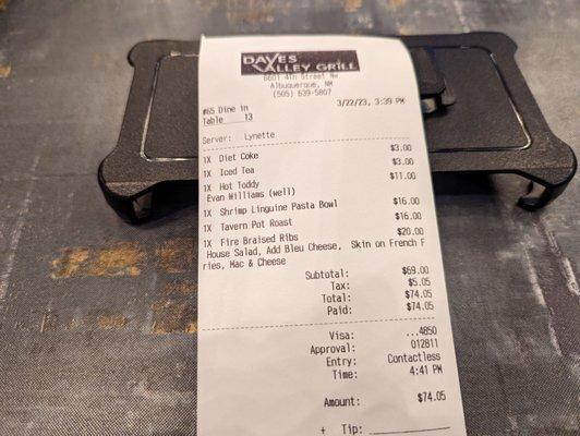 Our receipt for three people.