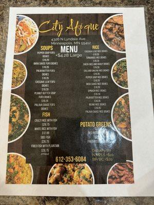 Menu- it's all delicious. Prices include rice and fufu.