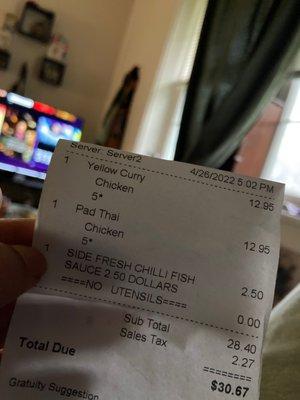 Incorrect charge for pad Thai..