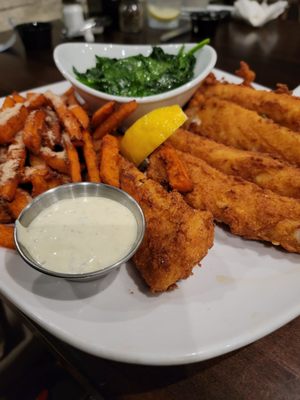 Fried cod, sweet potatoes, and spinach