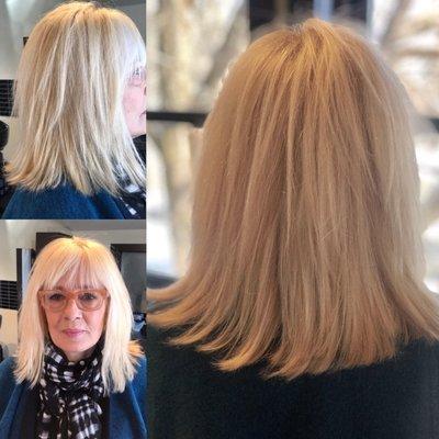 High lift blond, textured cut.