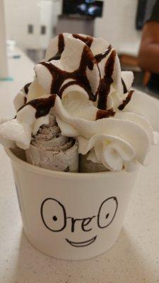 Oreo Ice Cream with whip cream and chocolate syrup