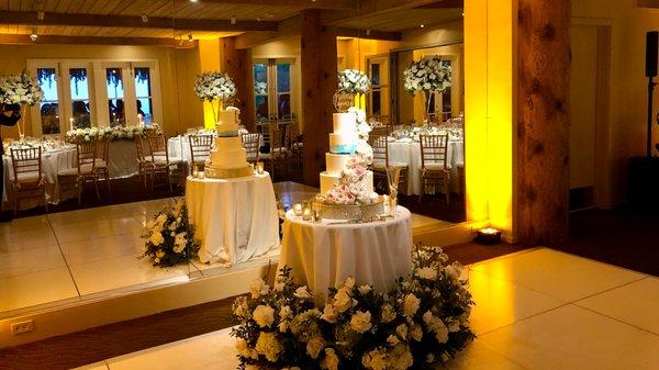 Beautiful cake and uplighting at Auberge, Napa Valley.