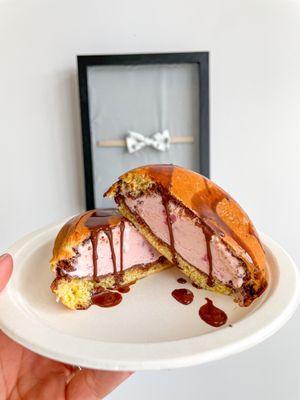 Raspberry sour cream brioche ice cream sandwich