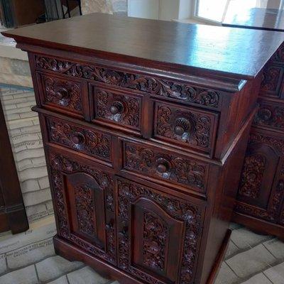 After, two antique hand carved night stands. Customer wanted the stain to match her bed set. Pick up and delivery  . Happy customer