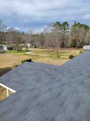 We installed 65 square of CertainTeed XT25 3-tab shingles on this house. Color is Moire Black.