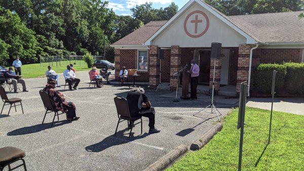 During COVID, we held our worship service out in the parking lot