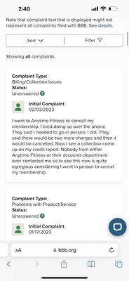 These are customers reviews, and issues from the BBB. NEVER GO TO THIS GYM!!