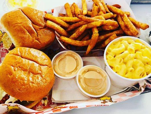 #1 Chicken sliders and fries, with a side of macaroni and cheese.