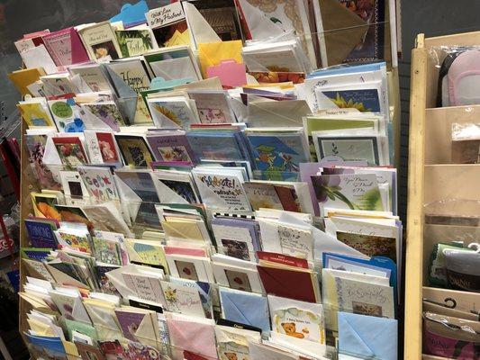 Variety of cards, birthday to sympathy.  She even has birthday candles and lighters.