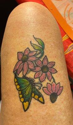 Cone flowers/Butterfly Redo from 42 yr old tattoo.