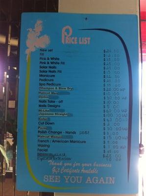 Price list circa 2011