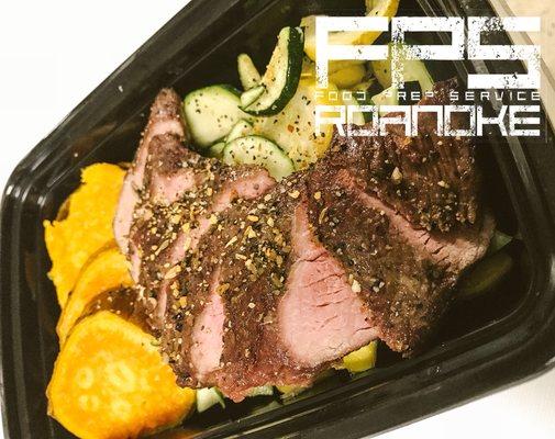 Build Your Own Bowl with Steak, Squash and Zucchini, and Sweet Potato.