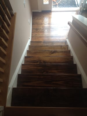 Refinished Pine stair treads. Newly installed, stained, and finished landing!