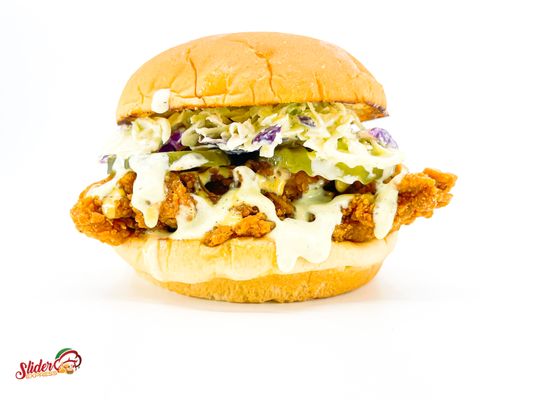 Crispy Chicken Sandwich topped with Coleslaw, Express sauce, and pickles. Chose your spice level.