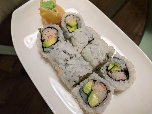 The California roll with crab meat (no mayo), cucumber strips, and avocado. It had a light and delicate taste.