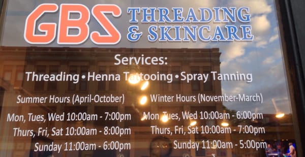 Hours at GBS Brows Northampton location (photo taken May 2015)