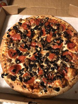 Lg. Pep, sausage, mushrooms, blk olives