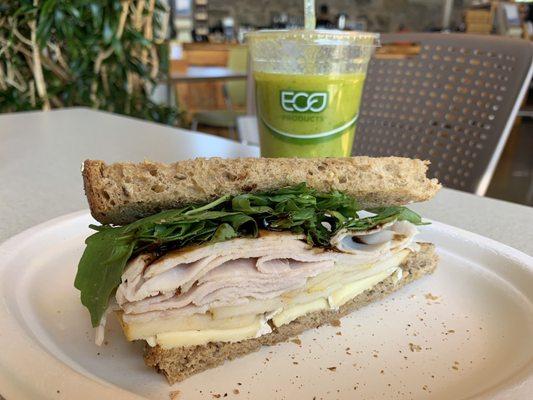 Turkey & brie sandwich plus mango spinach smoothie  Delicious!