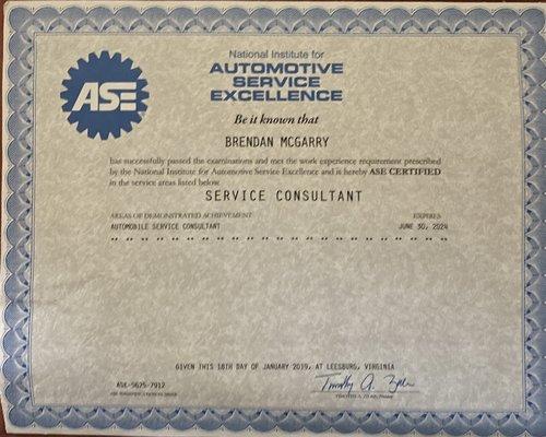 A.S.E Certified Service Consultant. Certified to provide Excellence in customer experience. Communicating Clear and accurate expectations.