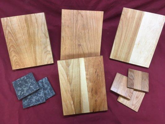 6" x 10" cutting boards, various hardwoods with hand hold on long edge. $25 4"x4" coasters, $3 ea. or 4 for $10.