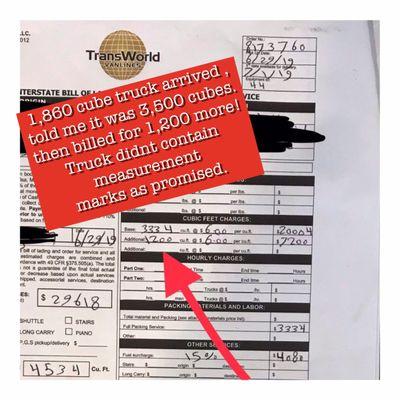 Actual bill of lading showing the trans world number and the charge for 4,534 cubes