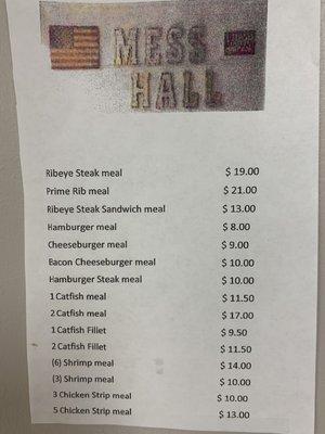 Menu for Friday Night Mess Hall