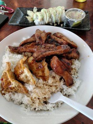 Lunch special chicken teriyaki, goyza and California roll.