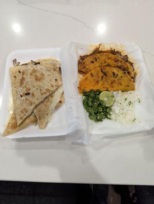 Quesadilla and birria tacos