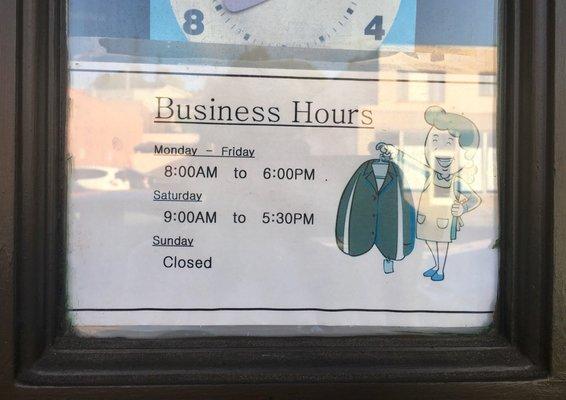 Business hours as of April 8, 2018: M-F 8-6; Sat 9-5:30; Sun closed.