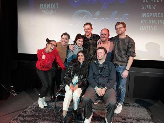 Cast of Swipe Right and the two audience members who shared their online dating profiles during the show.