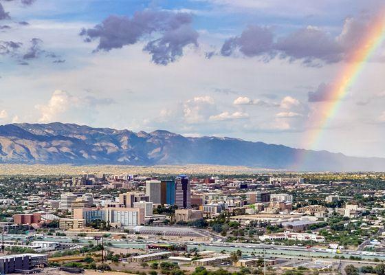 City of Tucson AZ with the Catalina Mountains in the background. Photo shot from "A" Mountain State Park after monsoon storm late afternoon