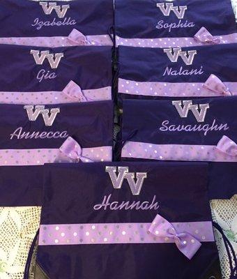 Personalized cinch sacks.