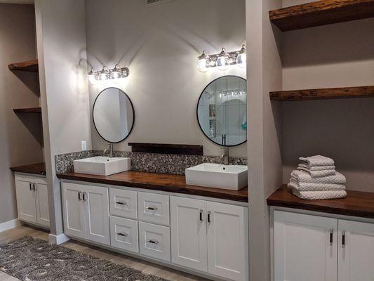 Live edge shelves & vanity combining rustic with modern